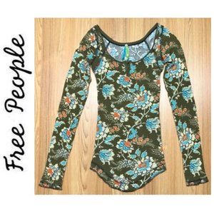 Free People long-sleeve thermal henley floral top olive, xs